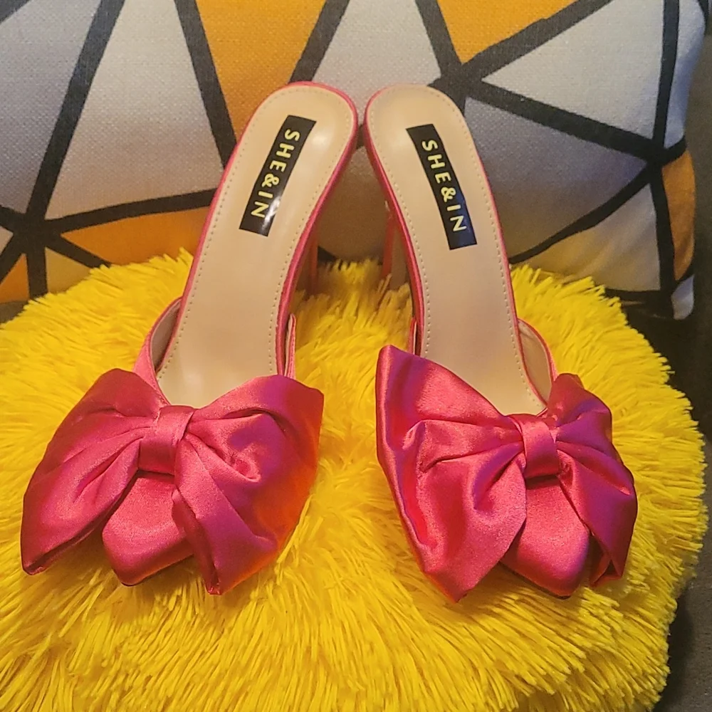Pink Satin Bow High Heeled Mule Shoe - Picture 1 of 6